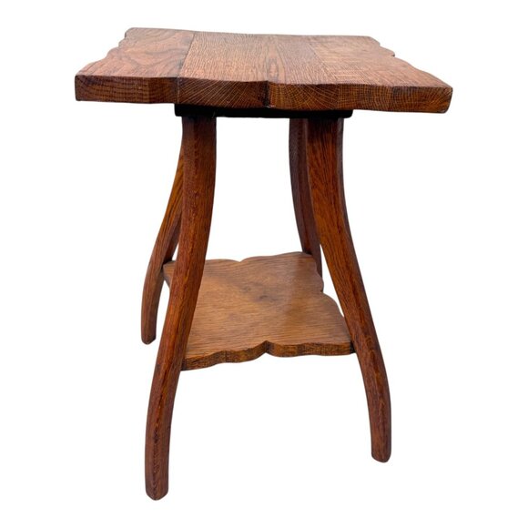 Antique Arts Crafts Quartersawn Tiger Oak 2 Tier Plant Stand Parlor Table Shelf - Picture 6 of 11